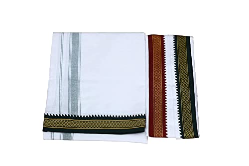 Kolakeer™ Men's Cotton Color Dhoti Angavastram Set - 1.8 Mtrs Dhoti with 1.2 Mtrs Angavastram - Thalapathy Style Dhoti Mundu Set (White)3