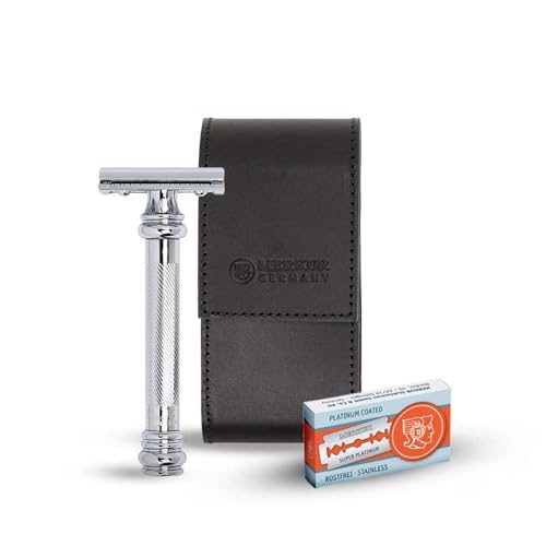 MERKUR 5004 - Juego de afeitado de viaje con maquinilla de afeitar de seguridad MERKUR 38C de dos piezas con mango largo y acabado cromado brillante, 10 cuchillas de doble filo y funda de cuero negro