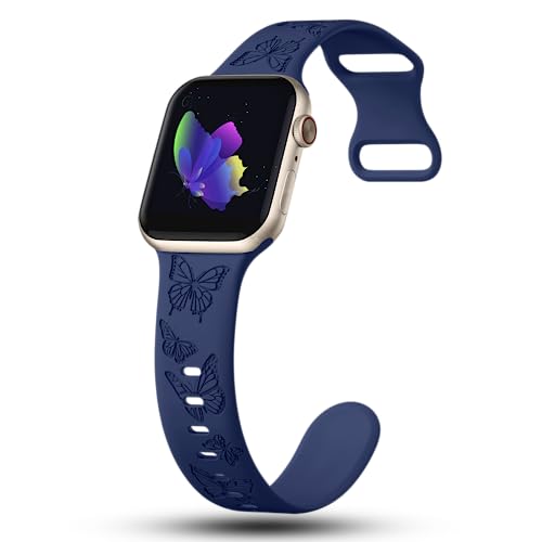 Image of Butterfly Engraved Bands Compatible with Apple Watch Band 41mm 40mm 38mm 49mm 46mm 49mm 46mm 45mm 44mm 42mm Women, Silicone Sport Strap for iWatch Series SE 10 9 8 7 6 5 4 3 2 1 SE Ultra