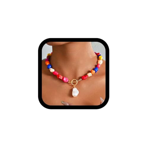 Reaky Collares bohemios, collar turquesa con colgante de perlas, accesorios de playa de verano para mujer, Plástico