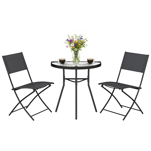 Outsunny Ensemble de Salon de Jardin Bistrot 3 Pièces, Mobilier de Terrasse avec Table Semi-Circulaire, 2 Chaises Pliantes, Maille, Cadre Métallique, Idéal pour Balcon, Patio, Jardin, Noir
