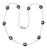 Sterling Silver Cable Chain Tin-Cup Necklace with Organic Dyed-Gray Cultured Freshwater (10-11mm) Baroque Pearl Stations, 20