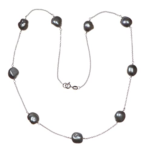 Sterling Silver Cable Chain Tin-Cup Necklace with Organic Dyed-Gray Cultured Freshwater (10-11mm) Baroque Pearl Stations, 20