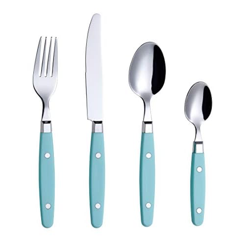 EXZACT Cutlery Set 24pcs Stainless Steel – with Rivet Craft Handles/Retro Style Flatware – 6 x Dinner Forks, 6 x DinnerKnives, 6 x Table Spoons, 6 x Tea Spoons -Serves 6 (Turquoise)