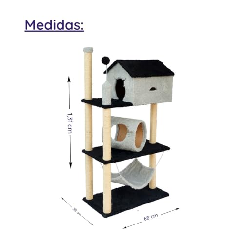 Arranhador Casa Apartamento Gatos 3 Andares Rede Tunel Luxo Cinza