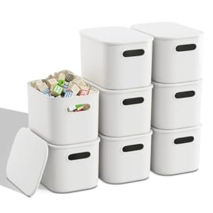 8 Packs Plastic Storage bins with Lid White Storage Containers with Lids Stackable Containers for Organizing Storage Box with Handle, Cube Storage Bins for Shelves, 9.84×7.1×6.3 inch