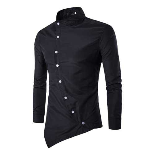 OHXSM Chemise à manches longues à col montant pour homme - Coupe classique - Coupe droite - Pour les loisirs - Pour le travail - Col montant - Bouton diagonal - Manches longues, b-noir, M