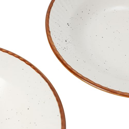 Image of Beyond Homes Ceramic Pasta Plates Shallow, 19 cm, Set of 4, White Brown | Matte Finish Ceramic Pasta Bowl | Stoneware Flat Pasta & Maggie Bowl | Chip Resistant | Microwave Safe (4, White Brown Border)