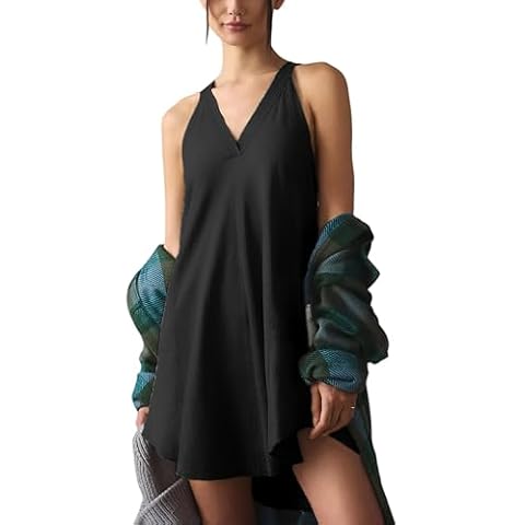 Lentta Women's V-Neck Mini Dress Sleeveless Solid Pullover Dress Casual Loose Round Back Collar Sundress(Black-M) Cover