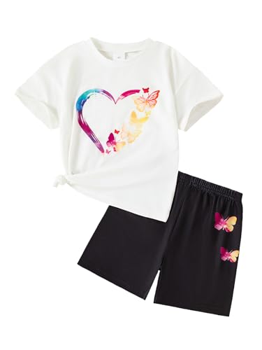 Image of Toddler Summer Outfits for Girls Cute Graphic Crewneck Top T-Shirt & Biker Shorts Set 2 Piece Tracksuit