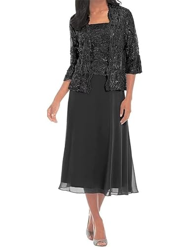 Tea Length Mother of The Bride Dresses for Women with Jacket Chiffon Wedding Guest Dress Lace Formal Dress