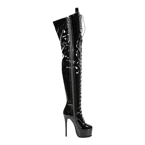 Image of Shiny leather Thigh high boots for Women Stiletto heel Platform Over the knee Round toe back zipper Sexy Front Strappy high heel Cosplay Custume unisex boots