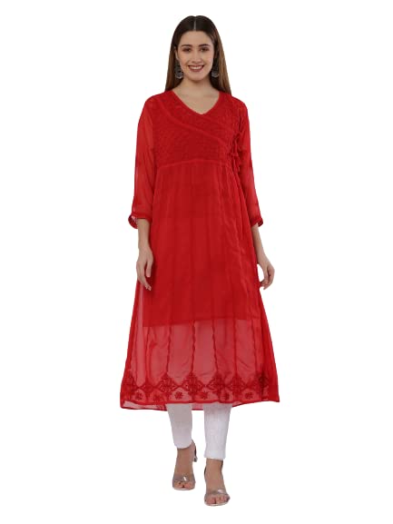 Image of FAWOMENT Ethnic Designer Angarkha A-Line Georgette Kurta with Exclusive Hand Embroidered Lucknowi Chikankari for Women