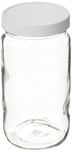 JG Finneran 9-192-2 Clear Borosilicate Glass Precleaned Tall Straight Sided Wide Mouth Jar with White Polypropylene Closure and 0.015" PTFE Lined, 70-400mm Cap Size, 500mL Capacity (Pack of 12)