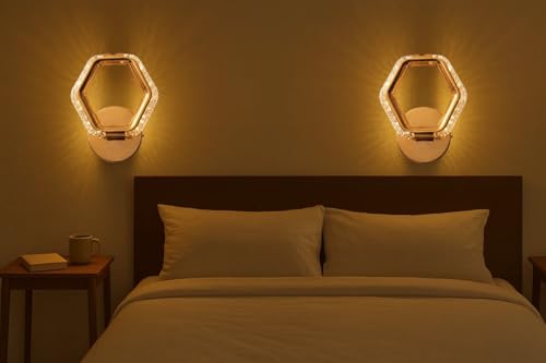 Image of Groeien Pack of 2 | 10W | 3 Color Modern LED Hexagon Shape Crystal Wall Sconce Gold Wall Light for Bedroom Living Room Corridor Lighting Fixtures Wall Mount(Hexagon Crystal-Golden, 2)