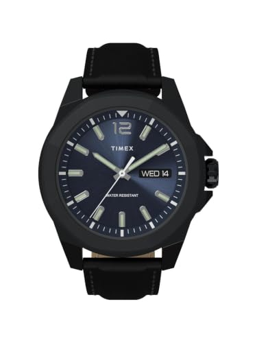 Image of TIMEX Essex Analog Watch for man with Blue Round Dial & Black Leather Strap Band Water Resistant Men's Wrist Watches - TW2V42900UJ