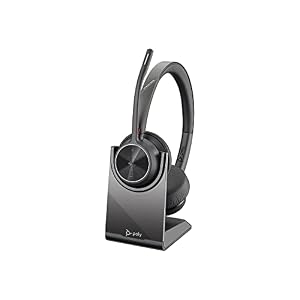 Poly – Auriculares inalámbricos Voyager 4320 UC + soporte de carga (Plantronics) – Auriculares con micrófono – Conéctate a PC/Mac a través del adaptador Bluetooth USB-A, teléfono celular a través de Bluetooth-Funciona con equipos (certificado), zoom y más