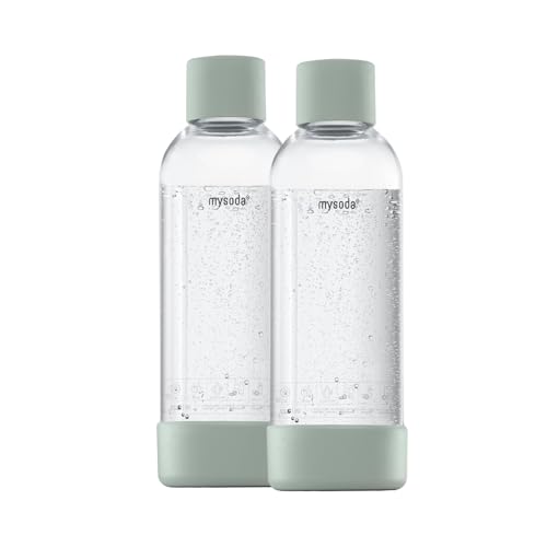 Mysoda: Wasserflasche für Wassersprudler BPA-freies Plastik mit Quick-Lock Schnellverschluss Details aus Holzkomposit 2 x 1L - Salbeigrün (Pigeon)