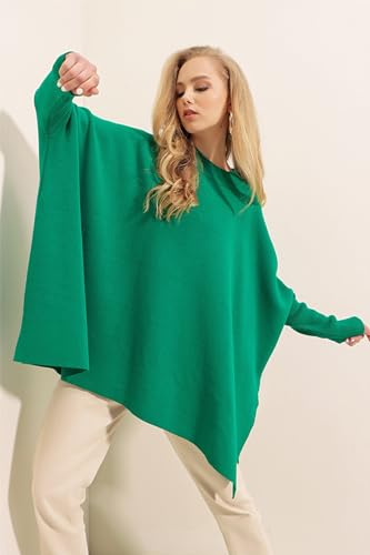 Image of Women's Crew Neck Batwing Sleeve Split Hem Oversized Knit Poncho Sweater