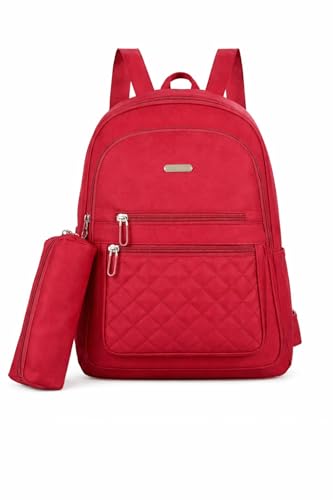 Mochila Feminina Escolar com Estojo Reforçada Trabalho Faculdade Juvenil Impermeável (Vermelha)