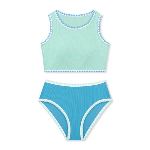 Image of Girls Bathing Suit Toddler Swimsuits 2 Piece Bikini Sets Round Neck Colorful Lace Teen Girls Swimwear 3-14T