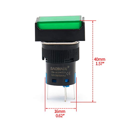 Baomain LA-128A 5/8 Inch 16Mm Push Button Switch Momentary Rectangular Cap Led Lamp Red Yellow Orange Blue Green Light Dc 12V Spdt 5 Pin 5 Pack thumb #2