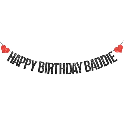 KICOSY Black Glitter Happy Birthday Baddie Banner - Perfect for Adult Birthday Celebration, Friend Gathering, Trendy Decor