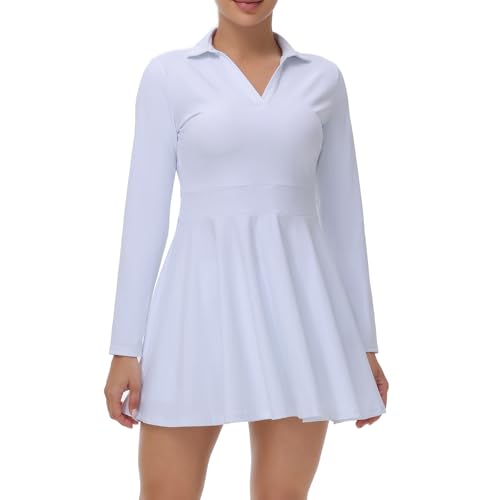 Womens Golf Tennis Dress Workout Athletic Dresses Gym Active Sport Polo Shirt Mini Long Sleeve With Pockets Shorts Underneath Cute Lounge Trendy Clothes 2 Piece Sets 2024 Fall Casual Outfits White 2Xl