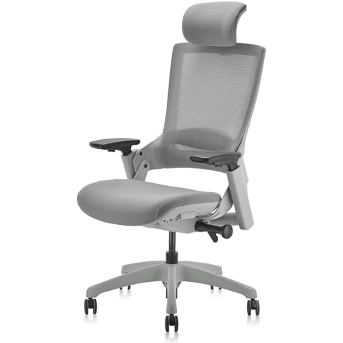 Image of CLATINA Ergonomic High Swivel Executive Chair Fabric Mesh Office Tables Chair with Adjustable Height Head 3D Arm Rest Lumbar Support and Upholstered Back for Home Office Conference Gray