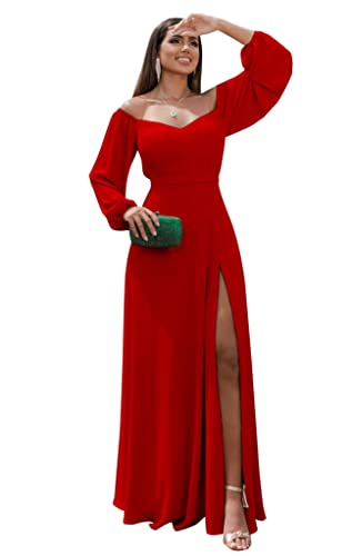 BONOYUER Long Sleeve Bridesmaid Dress for Women with Slit A Line Off The Shoulder Chiffon Formal Evening Dresses