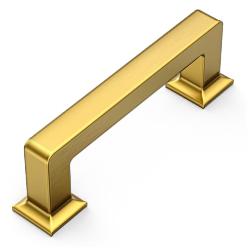 Amerdeco 10 Pack Heavy Duty Solid Zinc Alloy Vibrant Brushed Moderne Brass Cabinet Pulls 3" Hole Centers(76mm) Polished Brass Handles Suitable for Kitchen Bathroom Drawers and Furniture Handles 3818