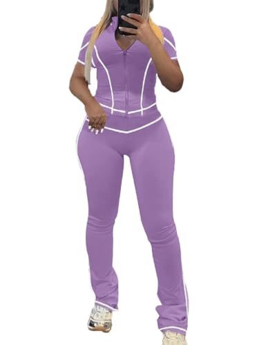 Ulovmi Women's 2 Piece Sets Zipper Workout Set Short Sleeve Tracksuit Loungewear Sweatsuits Bodcyon Matching Sweat Pants Outfits Light Purple L