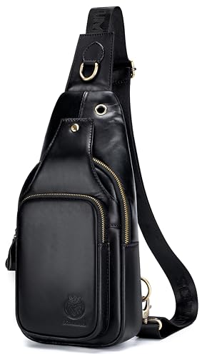 Image of Mens Sling Bag Genuine Leather Crossbody Bags for Men Small Sling Chest Backpack Casual Man Bag Hiking Outdoor, Black