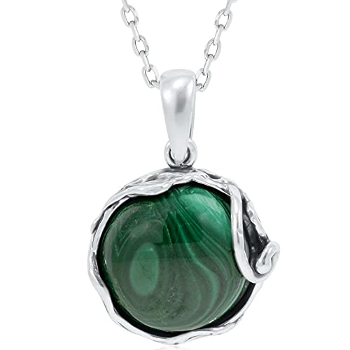 925 sterling silver natural malachite necklace - 14mm dark green …