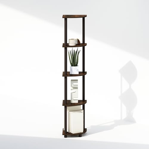 Image of Furinno Turn-N-Tube Storage Shelves, 5-Tier Book Shelf, Corner Shelf, Toolless Open Shelves, for Organization and Storage, Living Room, Home Office, Hallway, Bedroom, Walnut