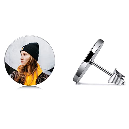 MeMeDIY Pendientes Redondos Personalizados con Grabado en Color y Imagen Negra/Nombre/Monograma Inicial/Texto/Foto Personalizada en Blanco para Hombres y Mujeres de Acero Inoxidable (Plateado)
