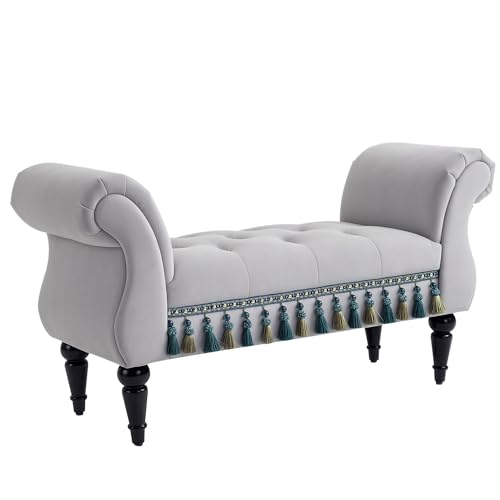 HOMCOM Sitzbank Polsterbank mit Samt-Bezug, Armlehne Bettbank mit Holzrahmen, Schuhbank für Schlafzimmer, Wohnzimmer, Flur 117 x 40 x 58 cm Hellgrau