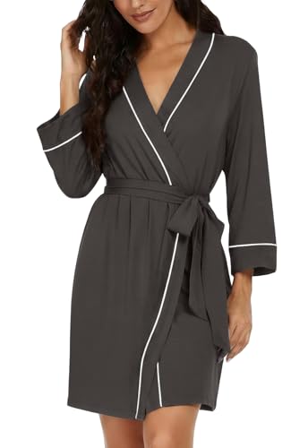Image of PrinStory Womens Robe Knee Length Soft Knit Bathrobe S-2XL | V-Neck 3 /4 Sleeve Robes with Pockets, Lightweight, Breathable Bath Robe for Shower, Spa, Travel, Home, Party, Nursing