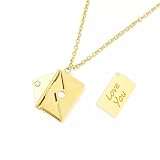 Lover Envelope Necklace with Stainless Steel Card Engrave Love You Hidden Message Secret Locket Pendant Can Open Envelope Lovers Fashion Necklace Jewelry Promise Gift for Wife Mom Girlfriend Couples (Gold-Tone)