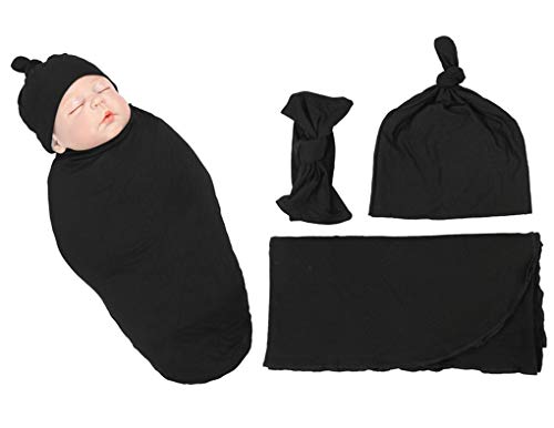 Image of DPSKY Newborn Baby Swaddle Wrap Large Premium Knit Receiving Blanket and Headband & Hat Set (Black)
