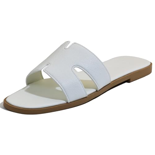 Image of Women's Flat Sandals, Ladies Leather Slippers, Comfy Dressy Slip on Shoes Elegant Slides Summer Fall Spring Cute Open Toe Casual Footwear