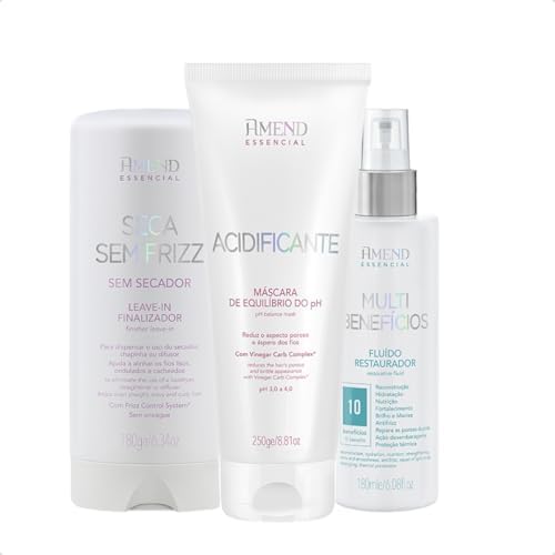 Kit Amend Essencial para Cabelos Danificados: Acidificante Máscara de Equilíbrio do pH + Fluído Restaurador Multibenefícios + Seca Sem Frizz
