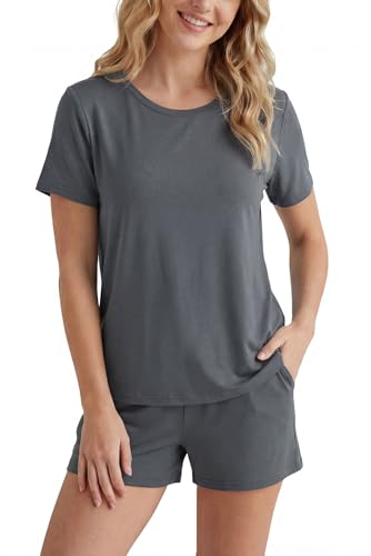 Image of LUBOT Pajamas for Women Set Bamboo Viscose with Cotton Cooling Soft 2 Piece PJ Sets Short Sleeve Nightwear S-2XL