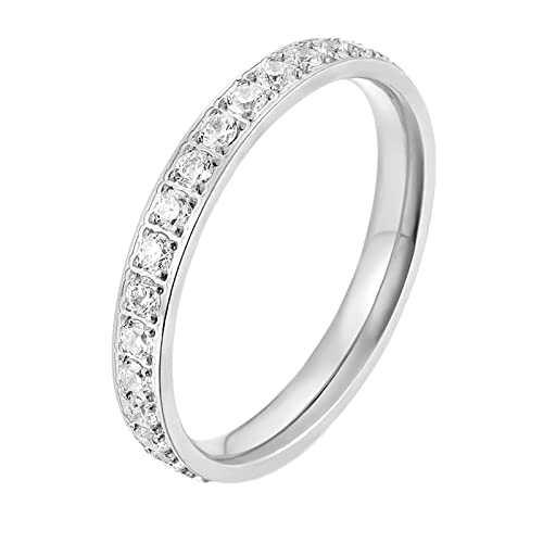 Epinki 3MM Bague Anneau Acier, Bague Strass Empilable Argent avec Zirconium Blanc Bague Fiancaille Alliance pour Femme Taille 62