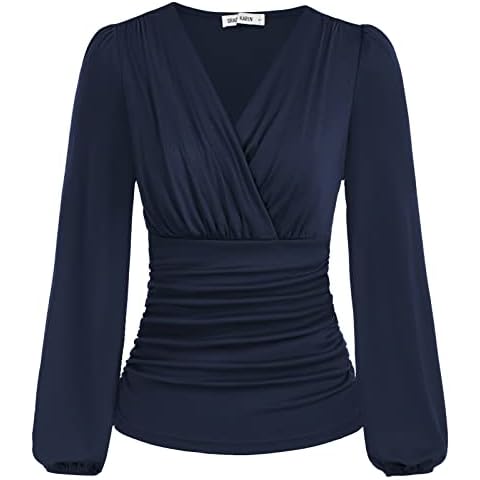 GRACE KARIN Women's Long Lantern Sleeves T Shirt Casual V Neck Blouses Tops Navy Blue L Cover
