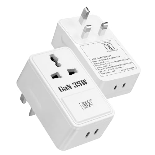 Image of MX 35W Universal Travel Adapter UK Plug with Dual USB-C PD Ports, GaN Fast Charger, International Plug Adapter with Universal AC Socket for Laptop, MacBook, iPhone, iPad, Tablet - White