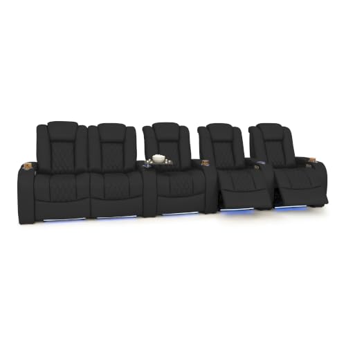 Image of Seatcraft Virtuoso LT Black Italian Leather Home Theater Seating, Zero Gravity Power Recliner, Heat and Massage, Powered Headrest and Lumbar Gaming and Home Office Chair, Row of 5 Left Loveseats