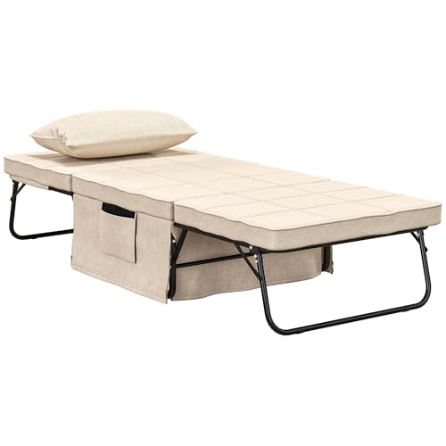 HOMCOM Sofá Cama de 1 Plaza 4 en 1, Sillón Cama Plegable, Otomana, Tapizado en Lino, con Respaldo Ajustable de 5 Niveles, Almohada Acolchada, para Oficina, Dormitorio, Salón, 75x80x74 cm, Crema