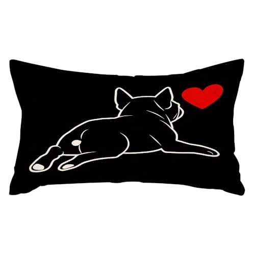 rkouqak Throw Pillow Covers Cute French Bulldog Dog Pet Animal Heart Black Pillow Cases Cotton Linen Waist Lumbar Cushion Cover Sofa Home Decorative Rectangle 12x20 Inches, Rqk-YZ052