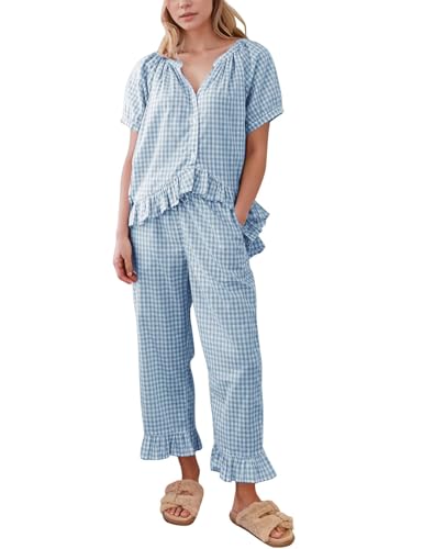 Flygo Womens Plaid 2 Piece Pajamas Sets Gingham Button Down Puff Sleeve Babydoll Shirt Ruffle Pants Y2K Pjs Lounge Set
